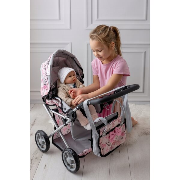 Doris 3in1 rosa Puppenwagen mit Gondel, Babytrage und Bettwäsche – Set für Mädchen
