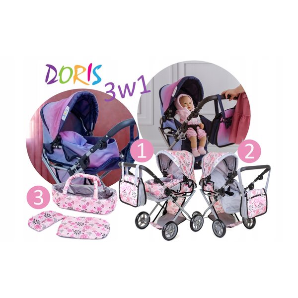 DORIS 3-in-1-Puppenwagen mit Tasche, Babywanne und Wickeltisch
