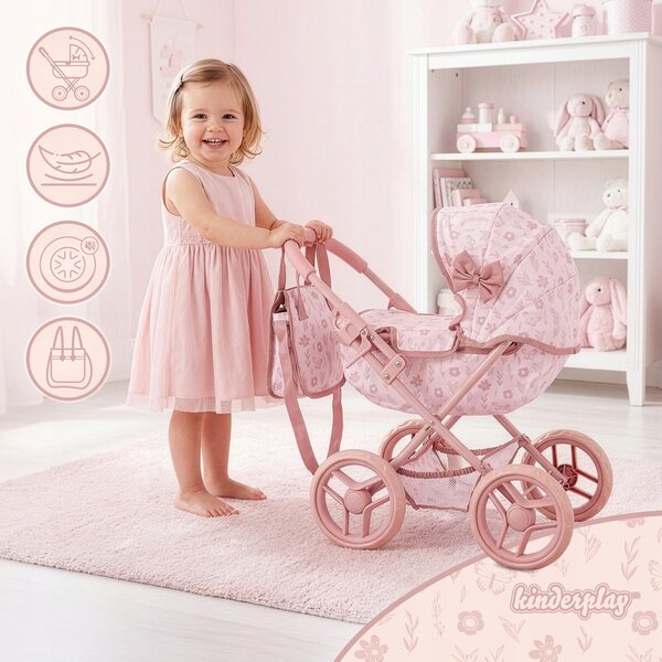 Kinderplay Puppenwagen, tiefrosa, mit Tasche und faltbar, für Kinder ab 2 Jahren