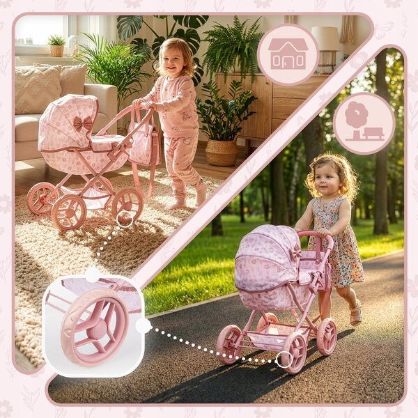 Kinderplay Puppenwagen, tiefrosa, mit Tasche und faltbar, für Kinder ab 2 Jahren