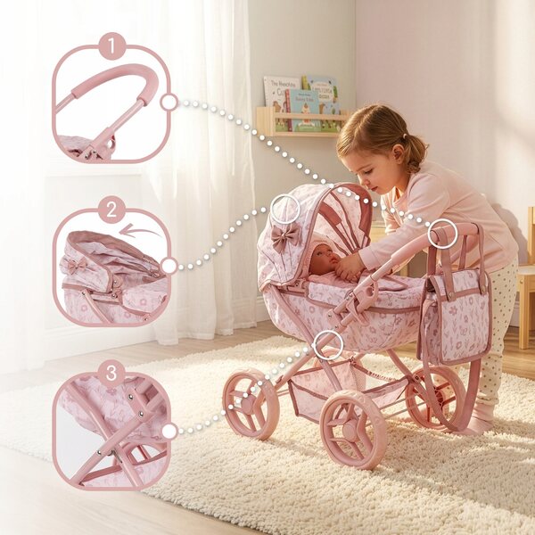 Kinderplay Puppenwagen, tiefrosa, mit Tasche und faltbar, für Kinder ab 2 Jahren