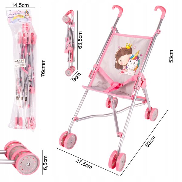 Passeggino per Bambole MalPlay Unicorn Grey Leggero e Pieghevole con Cinture di Sicurezza