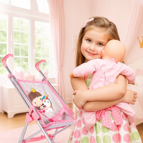 Passeggino per Bambole MalPlay Unicorn Grey Leggero e Pieghevole con Cinture di Sicurezza