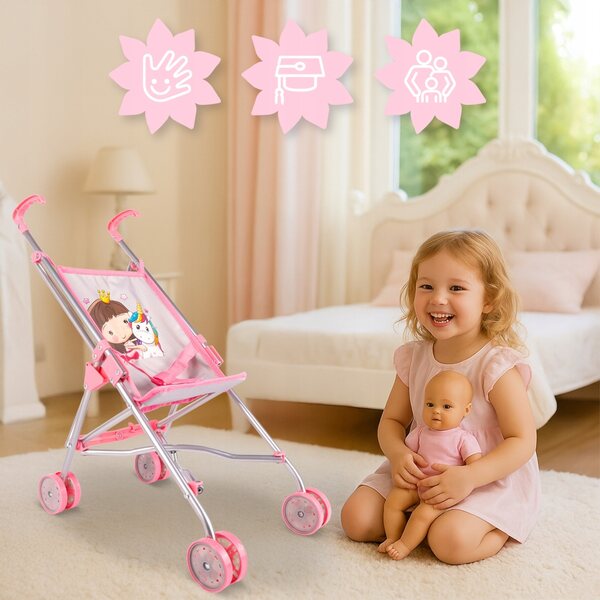 Passeggino per Bambole MalPlay Unicorn Grey Leggero e Pieghevole con Cinture di Sicurezza