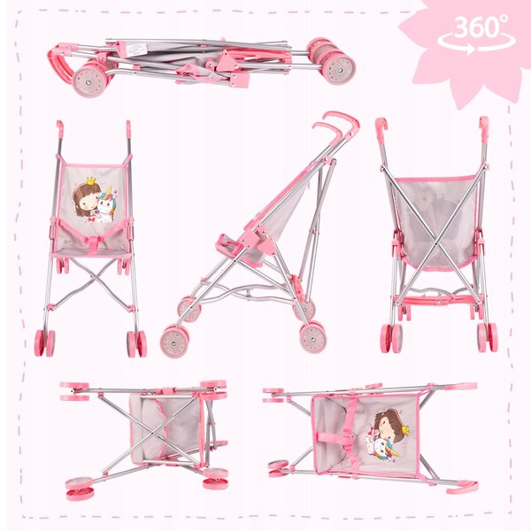 Passeggino per Bambole MalPlay Unicorn Grey Leggero e Pieghevole con Cinture di Sicurezza