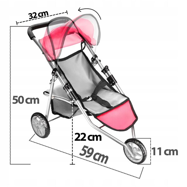 Passeggino per Bambole Pieghevole 50 cm con Design Rosa e Cintura di Sicurezza