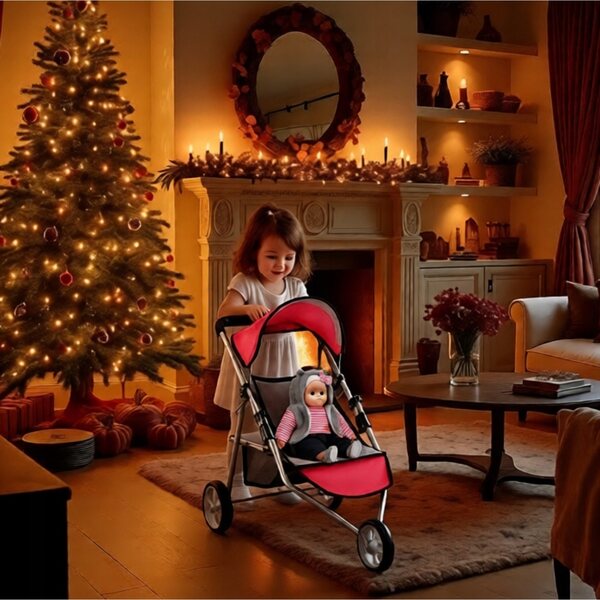 Passeggino per Bambole Pieghevole 50 cm con Design Rosa e Cintura di Sicurezza