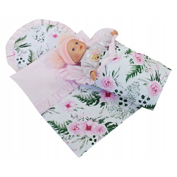 Set Bettlaken für Puppen und Tragetuch für Kinderwagen mit Kissen, verschiedene Muster, 100 % Baumwolle