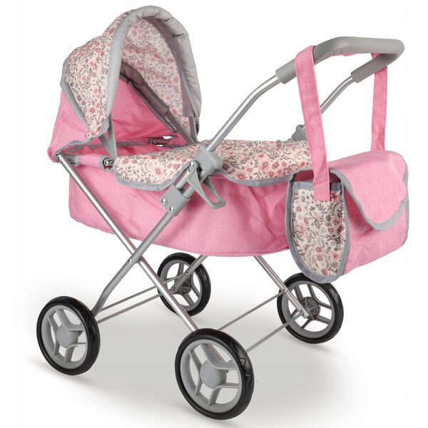 MalPlay Pink Flowers Deep Puppenwagen mit verstellbarem Dach und Tasche