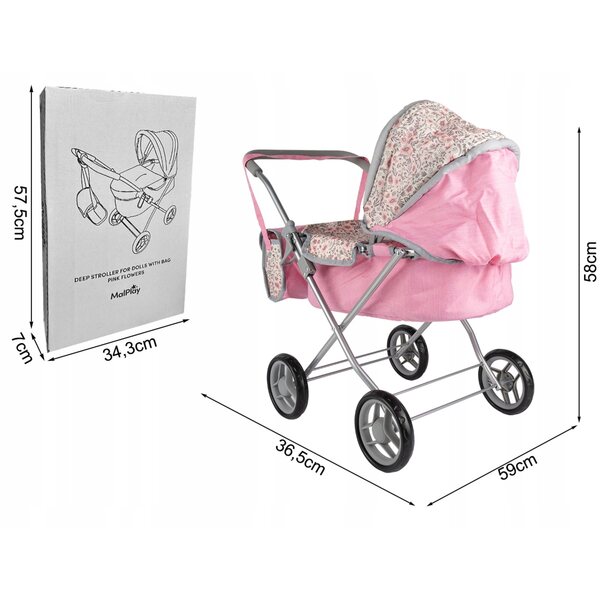 Passeggino per bambole profondo MalPlay Pink Flowers con tetto regolabile e borsa