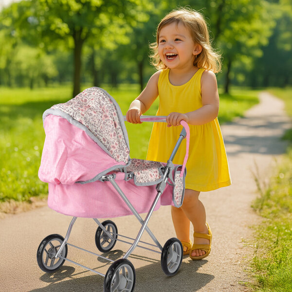 Passeggino per bambole profondo MalPlay Pink Flowers con tetto regolabile e borsa