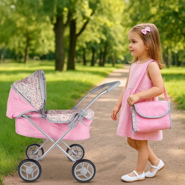 Passeggino per bambole profondo MalPlay Pink Flowers con tetto regolabile e borsa