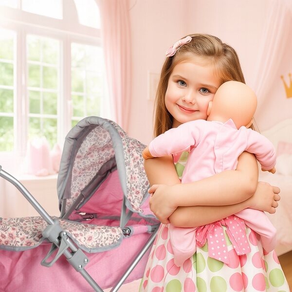 Passeggino per bambole profondo MalPlay Pink Flowers con tetto regolabile e borsa