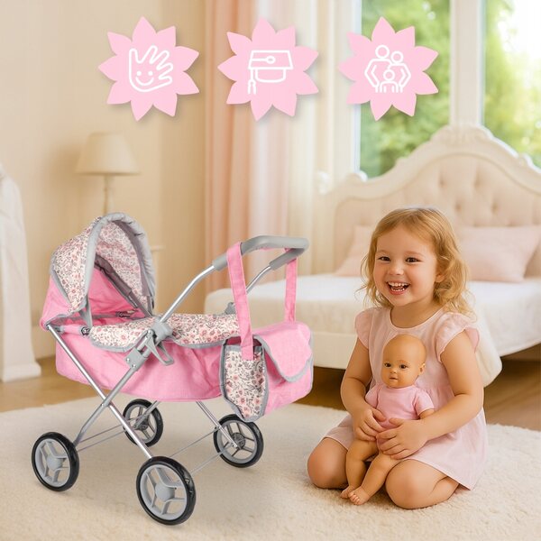 Passeggino per bambole profondo MalPlay Pink Flowers con tetto regolabile e borsa