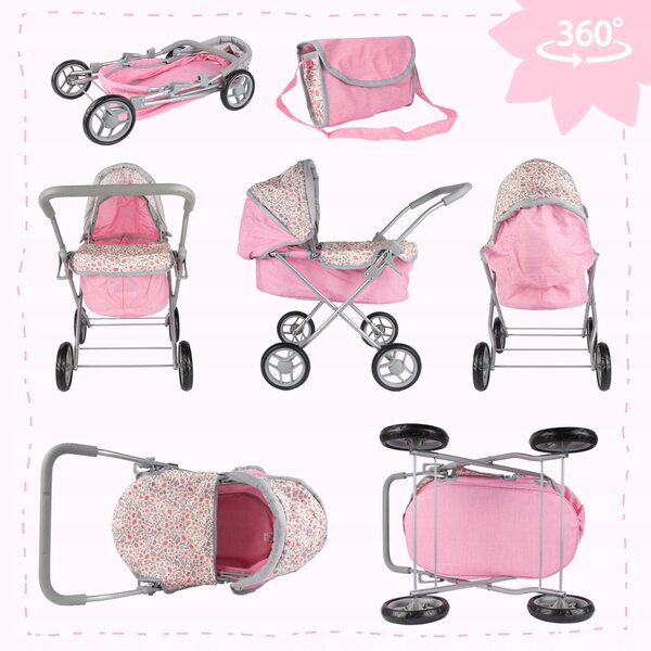 Passeggino per bambole profondo MalPlay Pink Flowers con tetto regolabile e borsa