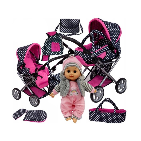 MARIOTOYS Passeggino per bambole 3 in 1 con marsupio, borsa e bambola parlante