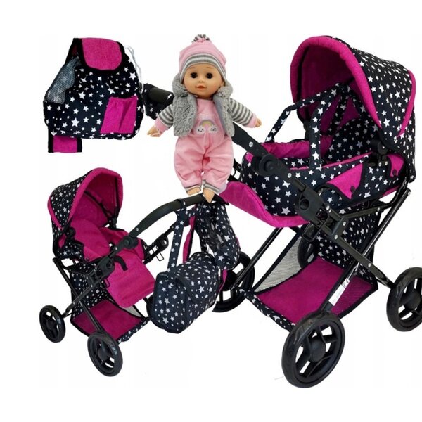 MARIOTOYS Passeggino per bambole 3 in 1 con marsupio, borsa e bambola parlante