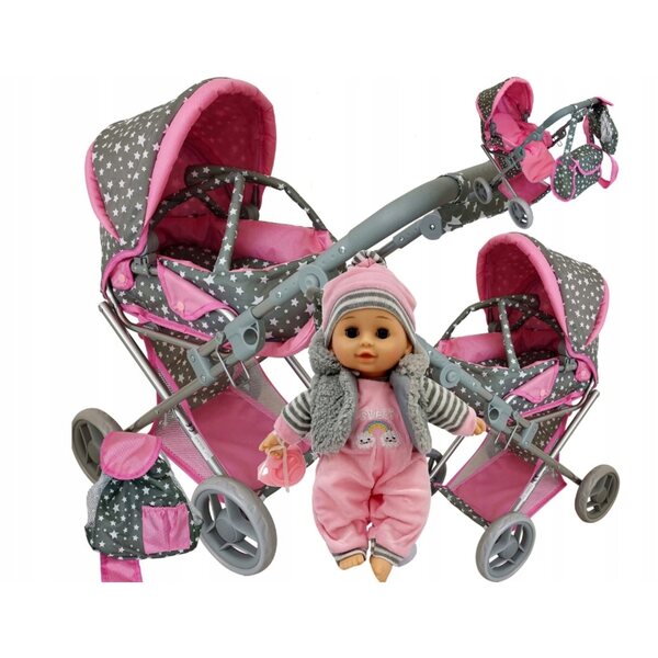 MARIOTOYS Passeggino per bambole 3 in 1 con marsupio, borsa e bambola parlante