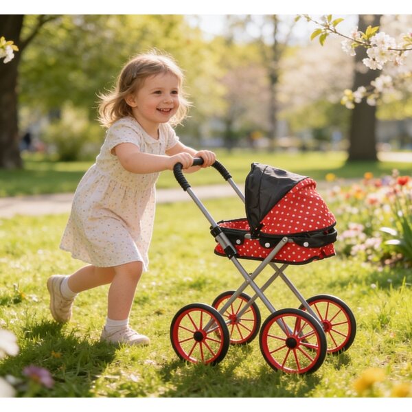 Weißer Puppenwagen mit Dach und großen Rädern, faltbar und sicher