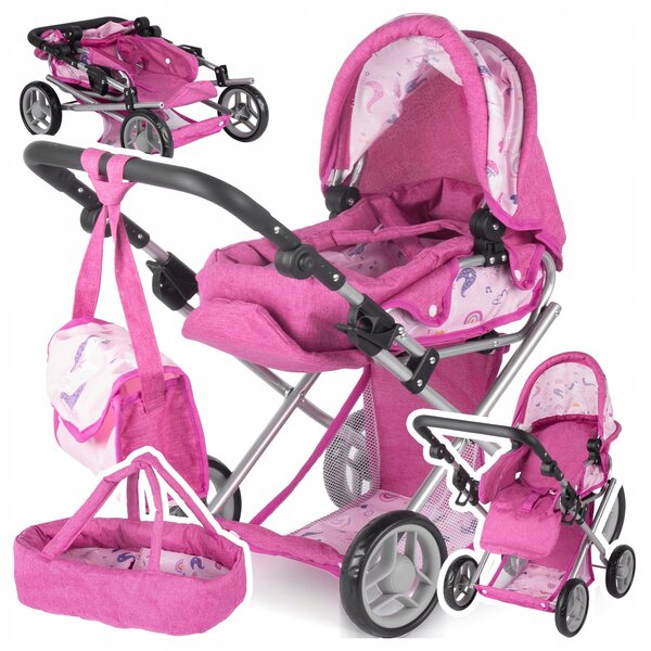 MalPlay Pink Flowers 3-in-1 Puppenwagen mit Gondel, Kinderwagen und Babytrage