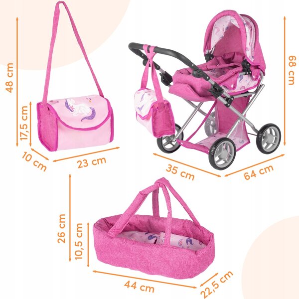 MalPlay Pink Flowers 3-in-1 Puppenwagen mit Gondel, Kinderwagen und Babytrage
