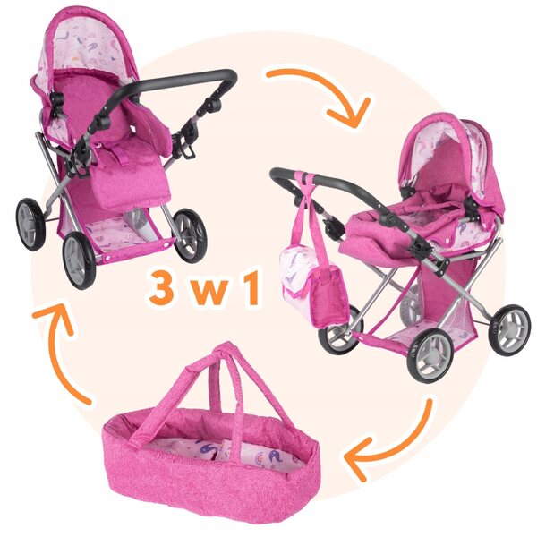 MalPlay Pink Flowers 3-in-1 Puppenwagen mit Gondel, Kinderwagen und Babytrage