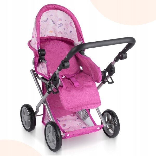 MalPlay Pink Flowers 3-in-1 Puppenwagen mit Gondel, Kinderwagen und Babytrage