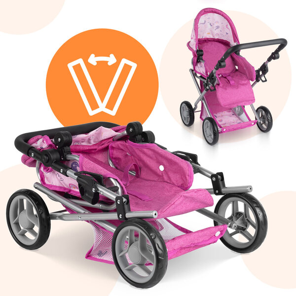 MalPlay Pink Flowers 3-in-1 Puppenwagen mit Gondel, Kinderwagen und Babytrage