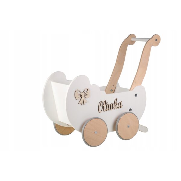 Ein tiefer Puppenwagen aus Holz mit verstellbarem Griff und individueller Anpassung