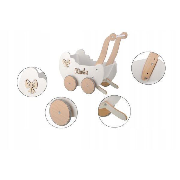 Ein tiefer Puppenwagen aus Holz mit verstellbarem Griff und individueller Anpassung