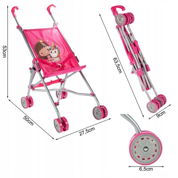 Wòzèk per bambole MalPlay pieghevole rosa 53 cm con cinturini di sicurezza