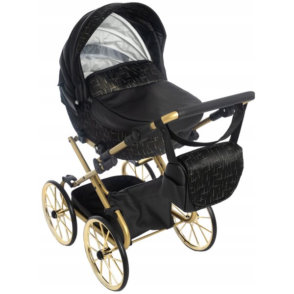 Darsi Retro-Puppenwagen in Schwarz mit verstellbaren goldenen Details für Mädchen