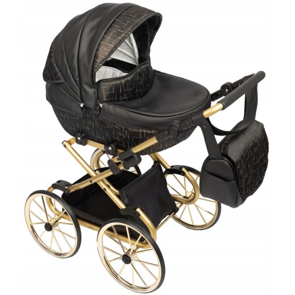 Darsi Retro-Puppenwagen in Schwarz mit verstellbaren goldenen Details für Mädchen