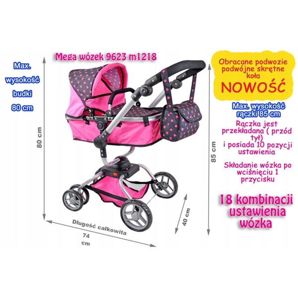 Passeggino per bambole 3in1 Super-Toys 9623 con 18 funzioni e telaio girevole