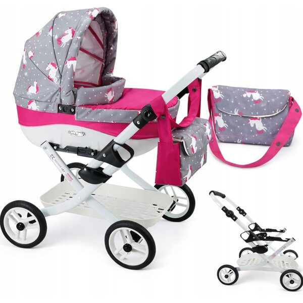 Adbor Lily LC-24 rosa-grauer Puppenwagen mit Tasche und Korb inklusive