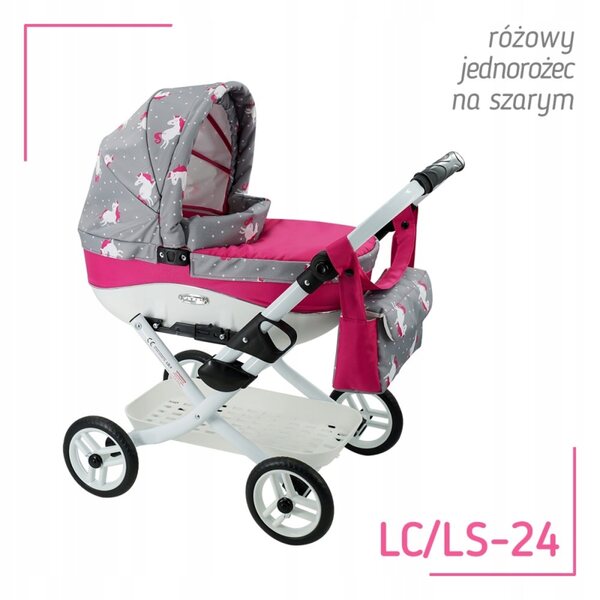 Adbor Lily LC-24 rosa-grauer Puppenwagen mit Tasche und Korb inklusive