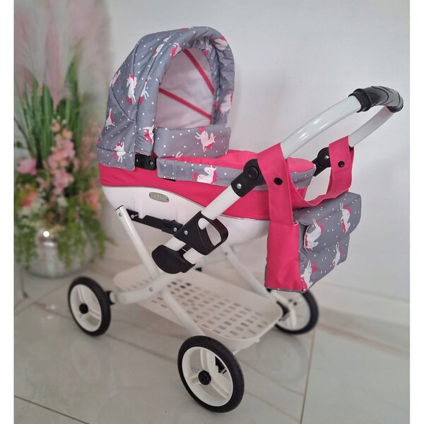 Adbor Lily LC-24 rosa-grauer Puppenwagen mit Tasche und Korb inklusive
