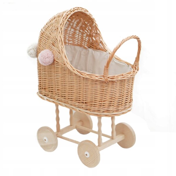 Passeggino per bambole in vimini naturale su telaio alto con pompon beige