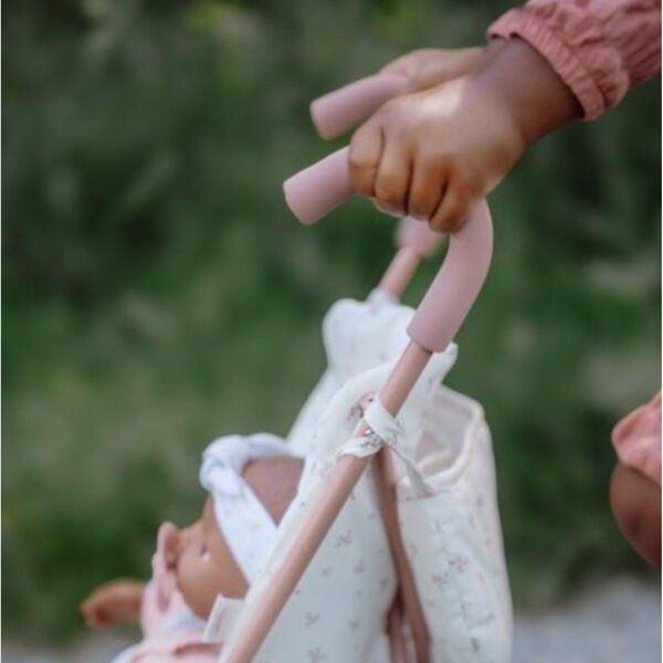 Zusammenklappbarer rosafarbener Puppenwagen von Little Dutch mit Tasche und Sicherheitsgurten