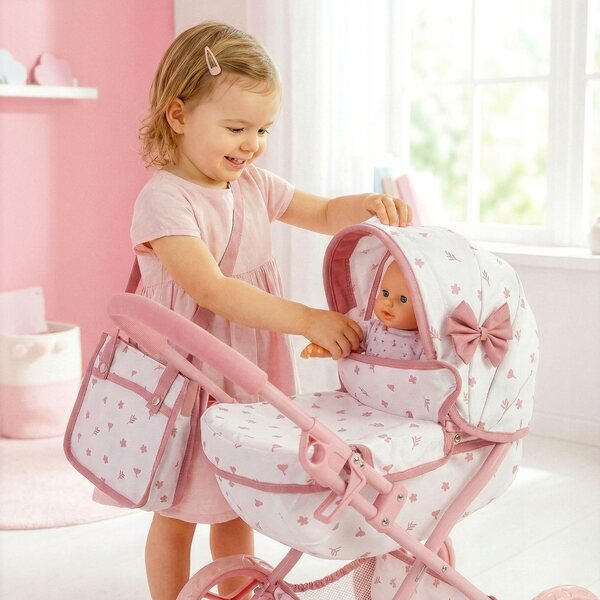 Kinderspielpuppenwagen mit tiefer Gondel und Tasche inklusive