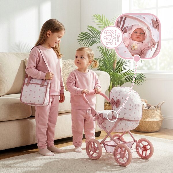 Kinderspielpuppenwagen mit tiefer Gondel und Tasche inklusive
