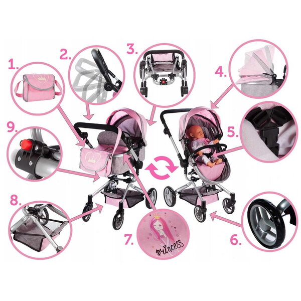 MalPlay Princess 2 in 1 Puppenwagen, faltbar, rosa, verstellbar