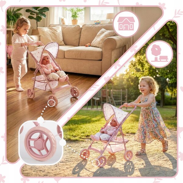 Kinderplay Dolls & Kinderwagen Leichter zusammenklappbarer Puppenwagen in Rosa und Weiß