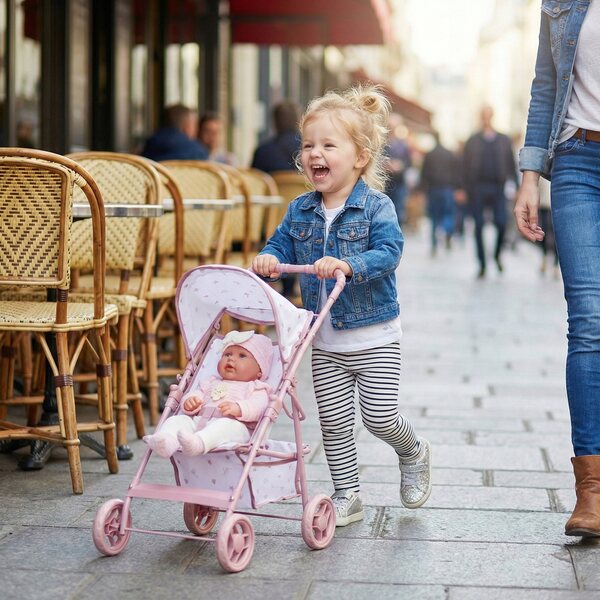 Kinderplay Dolls & Kinderwagen Leichter zusammenklappbarer Puppenwagen in Rosa und Weiß