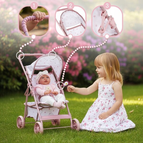 Kinderplay Dolls & Kinderwagen Leichter zusammenklappbarer Puppenwagen in Rosa und Weiß