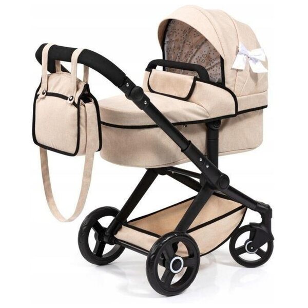 Beigefarbener 2-in-1-Puppenwagen Xeo mit Tasche und drehbarem Griff
