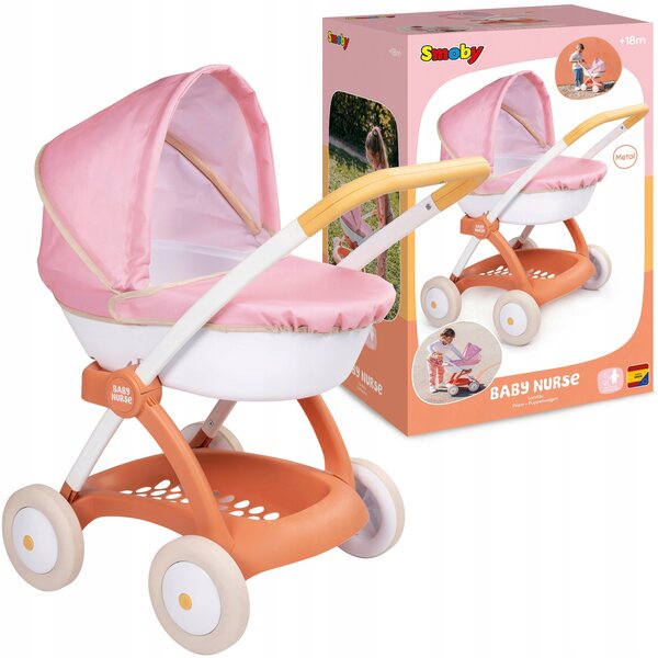 SMOBY Baby Nurse Landau: Tiefer Kinderwagen für Puppen bis 42 cm, Rosa und Weiß