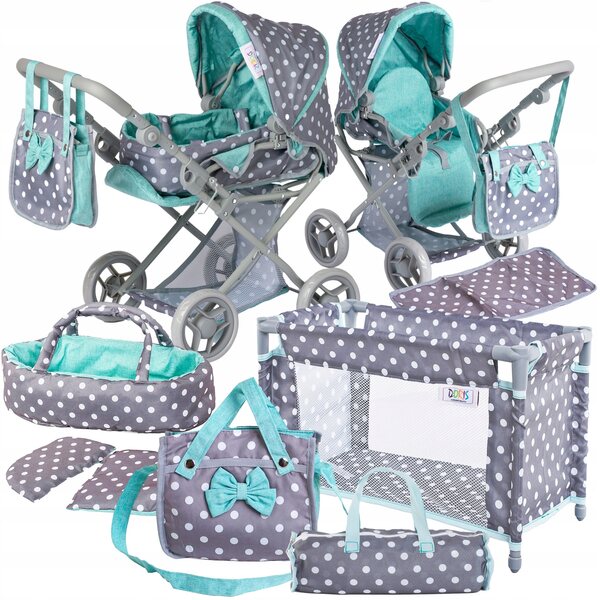 Doris 3 in 1 grauer Puppenwagen mit Kinderbett, Tasche und Wickelauflage