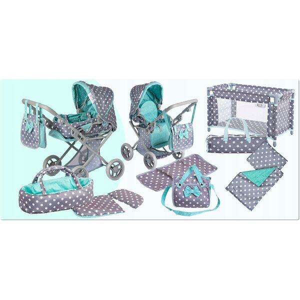 Doris 3 in 1 grauer Puppenwagen mit Kinderbett, Tasche und Wickelauflage