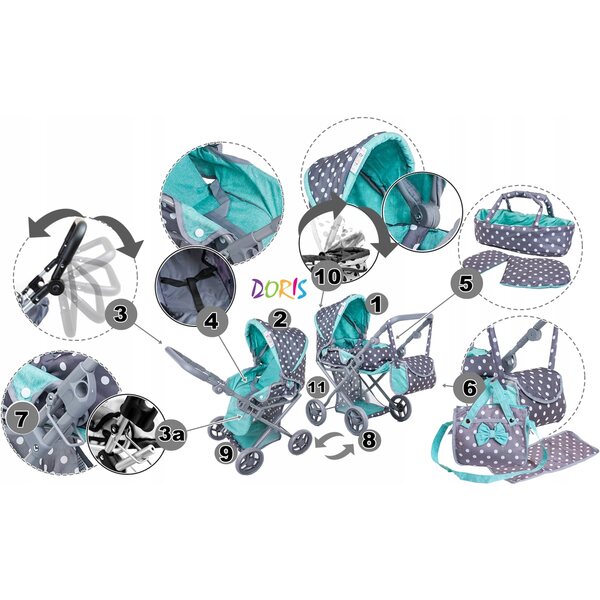 Doris 3 in 1 grauer Puppenwagen mit Kinderbett, Tasche und Wickelauflage